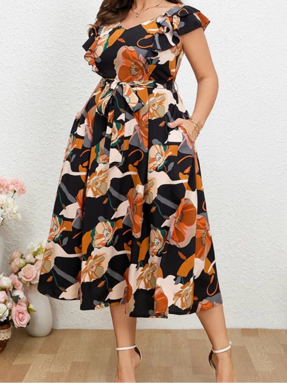 Floral Ruffle Sleeve Midi Dress in Black and Orange